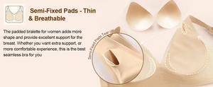 Detail of semi-fixed removable pads and seamless inner fabric of this deep V-neck bra