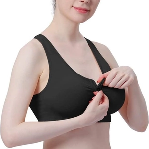 Black zip front sports bra for women with wide straps for yoga and post-surgery comfort