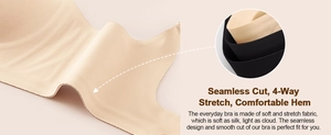 Detail of seamless four-way stretch fabric and smooth edges on deep V padded bras