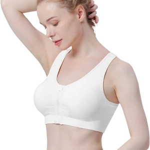 White front zip wireless sports bra with ribbed texture for yoga and post-surgery support