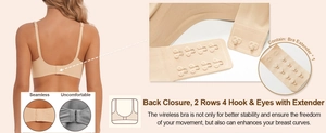 Detail view of seamless beige wireless bra featuring a 4-hook back closure and strap extender