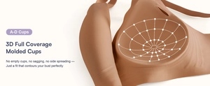 Detail of 3D molded cups on seamless wire-free bra for A-D cup lift and shape