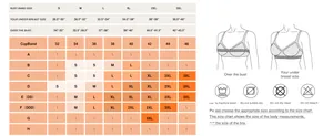 Detailed size chart for wire-free bras covering sizes S to 3XL and cups A to H