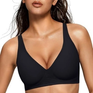 Close-up of black seamless V-neck bra with wide shoulder straps for comfortable fit