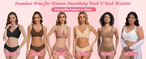 Detail showing deep V seamless wireless bras in six diverse colors and various sizes