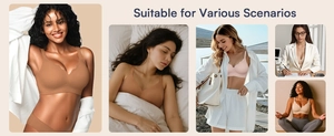 Seamless wire-free wireless bra shown in diverse daily activities and skin tone options