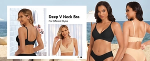 Detail view of seamless deep V-neck bra with wavy edges and adjustable thin straps