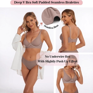 Deep V seamless bralette with soft padding and U-back design for women comfort