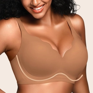 Women's seamless wire-free jelly bra in coffee brown with scalloped edges and wide straps