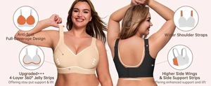 Detail of full-coverage wireless bra featuring 4-layer jelly strip support technology