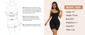 Guide des tailles pour body sculptant sans couture avec mensurations et coupe du modèle