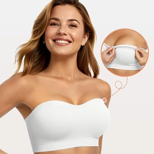 White strapless bandeau bra in ribbed elastic fabric with anti-slip wide edges