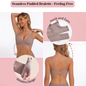Seamless padded deep V wireless bralette with hook and eye closure in coffee brown