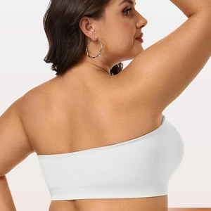 Seamless white strapless tube top bra with ribbed knit fabric and supportive back view