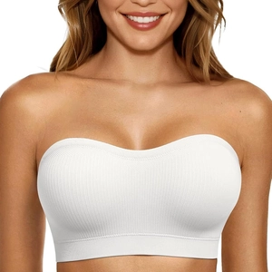 White ribbed bandeau bra for women, strapless push-up design with non-slip fit