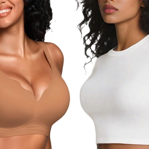 Women seamless deep V-neck wire-free bra and white crop top vest shown on models
