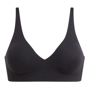 Detailed front view of a black seamless V-neck bra with thin straps and smooth fabric