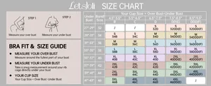 Size guide for wireless push up bras showing measurements from S to 4XL for B to DDD cups
