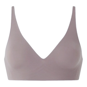 Detail view of seamless V-neck bralette with thin straps in dusty lavender finish