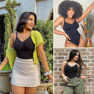 Body gainant noir sans couture à col en V pour femmes porté par différents modèles