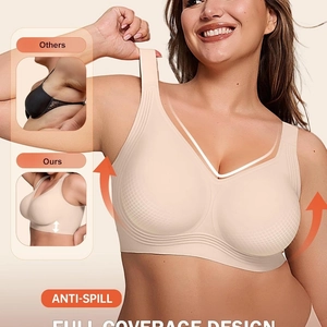 Seamless full coverage wireless beige bra with wide straps for extra lift and support