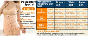 Detailed size chart for 3-in-1 postpartum recovery belt with measurements for L, XL, XXL