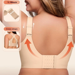 Supportive beige wireless push up bra with wide straps and cross back feature