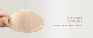 Detail view of 3D molded cup and semi-fixed pads of the seamless nude wireless bra
