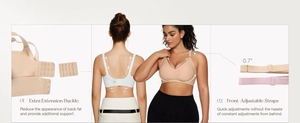 Detail of adjustable 0.7 inch front straps and multi-row back closure for seamless bras
