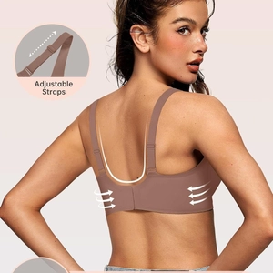 Women's deep V seamless wireless bra with adjustable straps in tan color