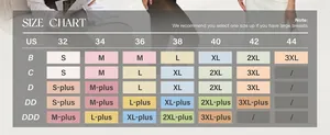 Size chart guide for seamless wireless bras showing US sizes 32-44 and cups B to DDD