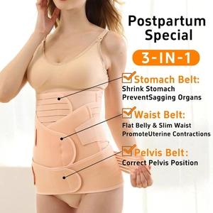 3-in-1 postpartum belly wrap set with stomach, waist and pelvis belts in beige fabric