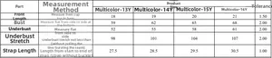 Detailed size chart for girls seamless camisole bra showing chest and length measurements