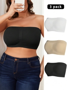 3 pack strapless seamless bandeau bras in black white and beige with ruched center detail