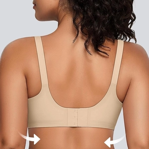 Women's seamless beige bra with wide straps and three-row back hook closure