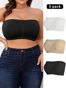 3-pack strapless bandeau bras in black, white, and beige with seamless knit texture