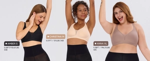Größentabelle für nahtlose Push-up-BHs mit tiefem V mit Models in S, M und XL