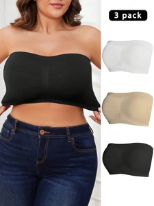 3-pack strapless seamless bandeau bras in black white and beige with ruched center detail