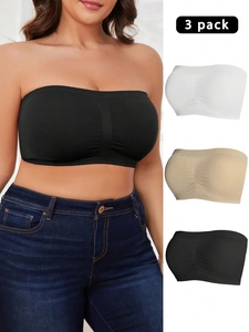 3-pack strapless bandeau bras in black, white and beige with seamless push-up design
