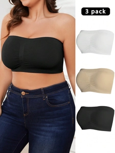 3-pack strapless bandeau bras in black, white, and beige with seamless ribbed texture