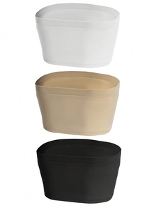 Detail of 3-pack seamless strapless tube tops in black, white, and beige colors
