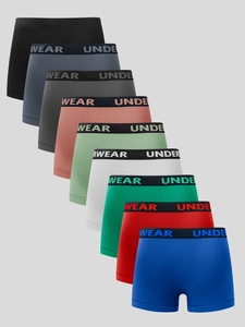 Detailed display of 9-pack men's boxer briefs with multi-color options and lettered waistbands