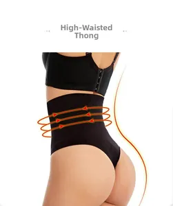 Détail du string noir taille haute avec effet ventre plat et galbe des fesses