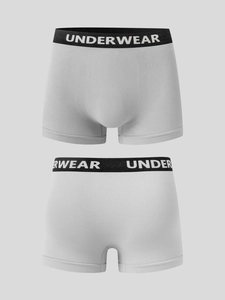 Close-up of grey men's boxer briefs with elastic letter waistband and breathable texture