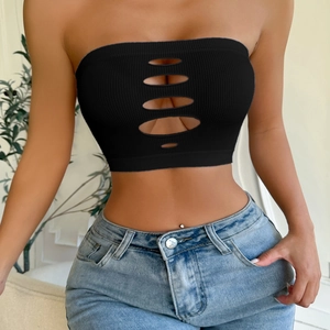 Seamless black ribbed tube top for women featuring trendy hollow-out cutout details