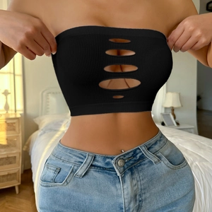Sexy black ribbed seamless bandeau top with central horizontal cut-out details