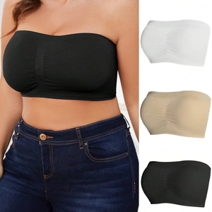 3-pack strapless seamless bandeau bras in black, white, and beige with ruched center