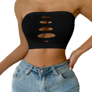 Sexy black ribbed tube top with cut-out detail and seamless breathable fabric for women