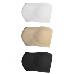 3-pack strapless seamless rib-knit bandeau bras in white, nude, and black colors