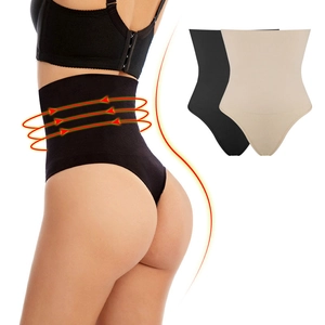 String Sculptant Femme Taille Haute Sans Couture Contrôle du Ventre Remonte-Fesses Body Shaper Nylon Élasthanne Lingerie Respirante